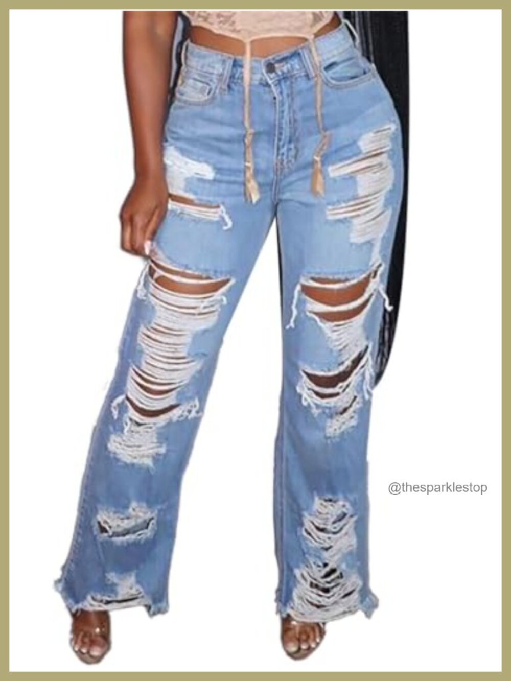 Womens Skinny Ripped Jeans Fringe Distressed High Waisted Denim Pants